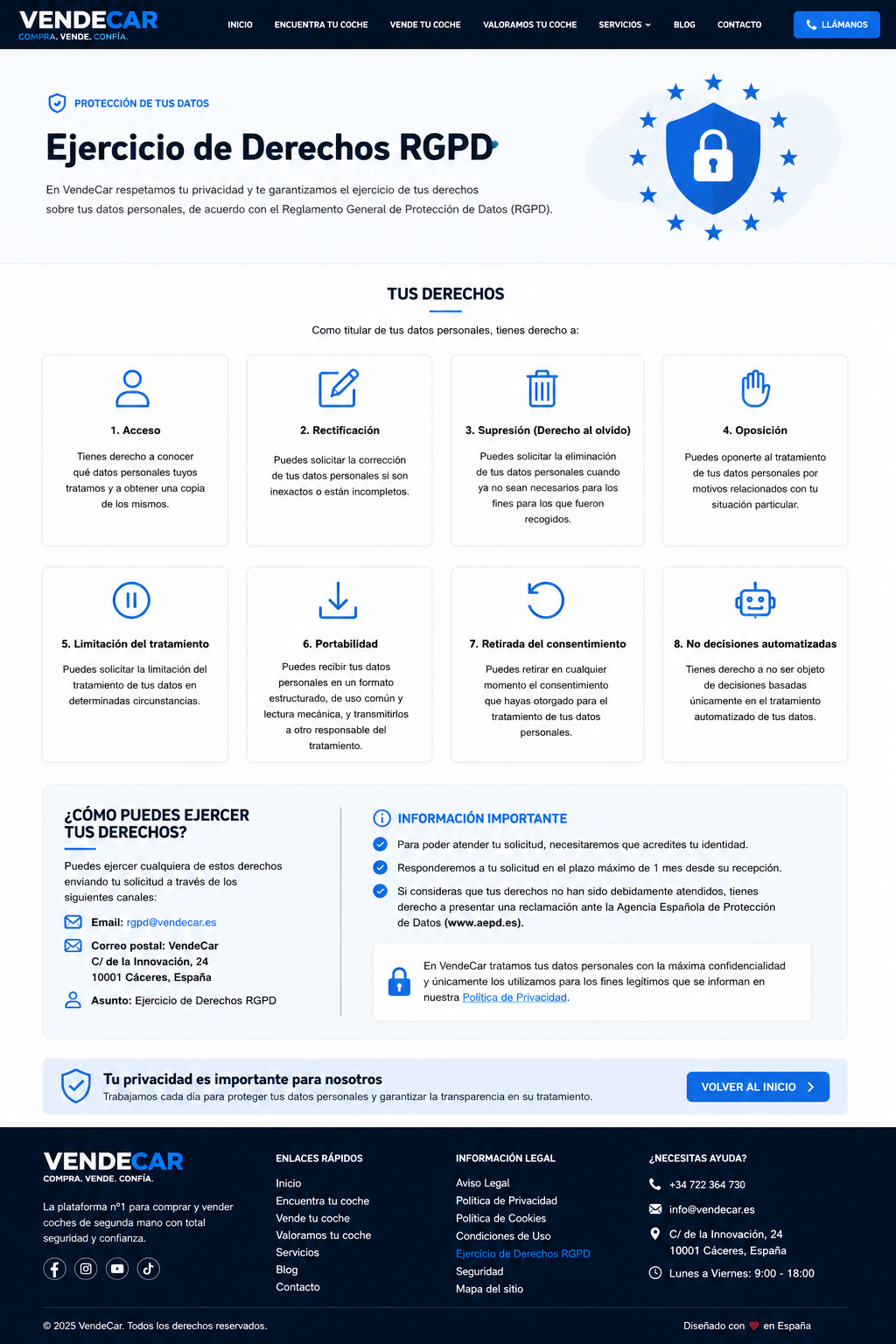 Ejercicio de derechos RGPD en Vendecaranuncios